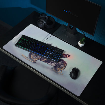 White ducati streetfighter v4 inspired extended gaming mousepad with black and red motorcycle graphic on snow for smooth tracking