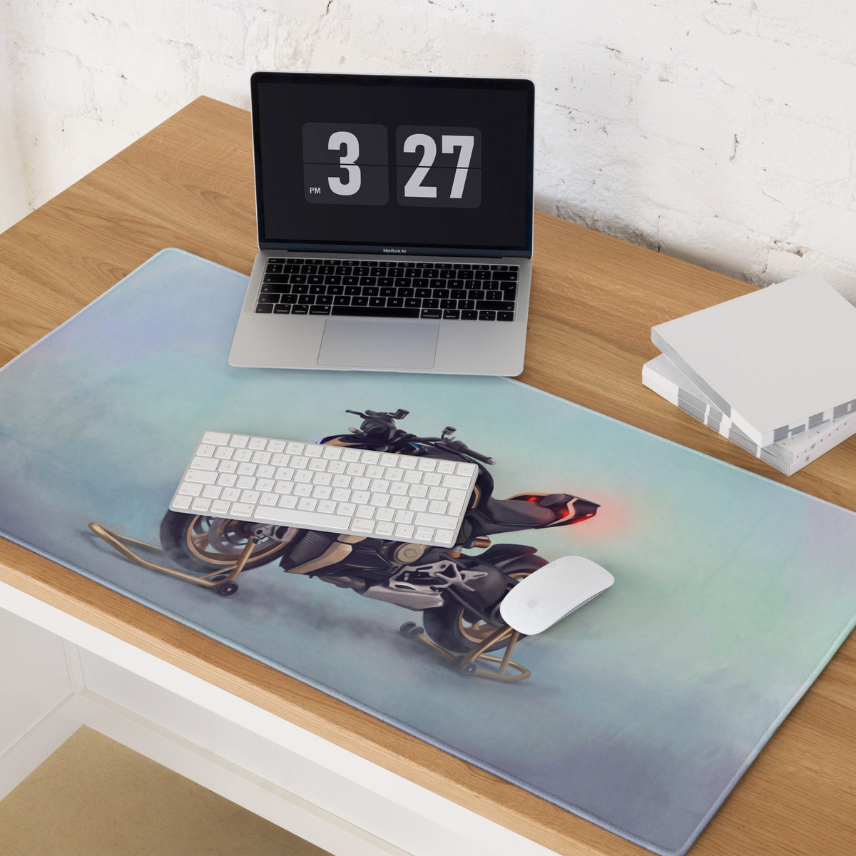 Sleek rectangular Ducati Streetfighter V4 inspired desk mat with black and red motorcycle on snow skis on smooth blue surface