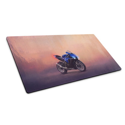 Blue sport motorcycle graphic on yamaha yzf-r1 inspired extended desk mat with smooth stitched edges and sunset background