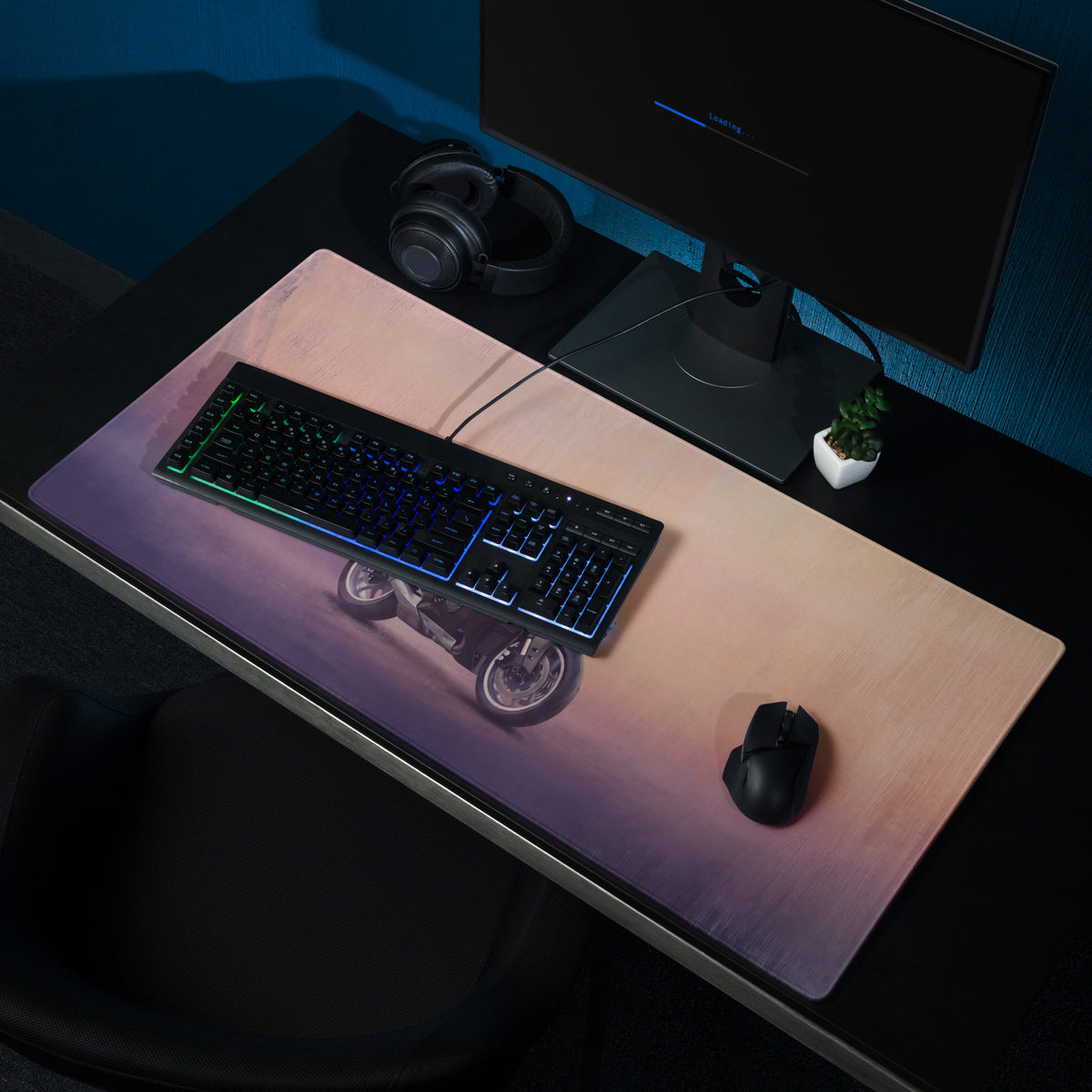 A sleek rectangular yamaha yzf-r1 inspired gaming mousepad with a peach purple gradient and black motorcycle graphic