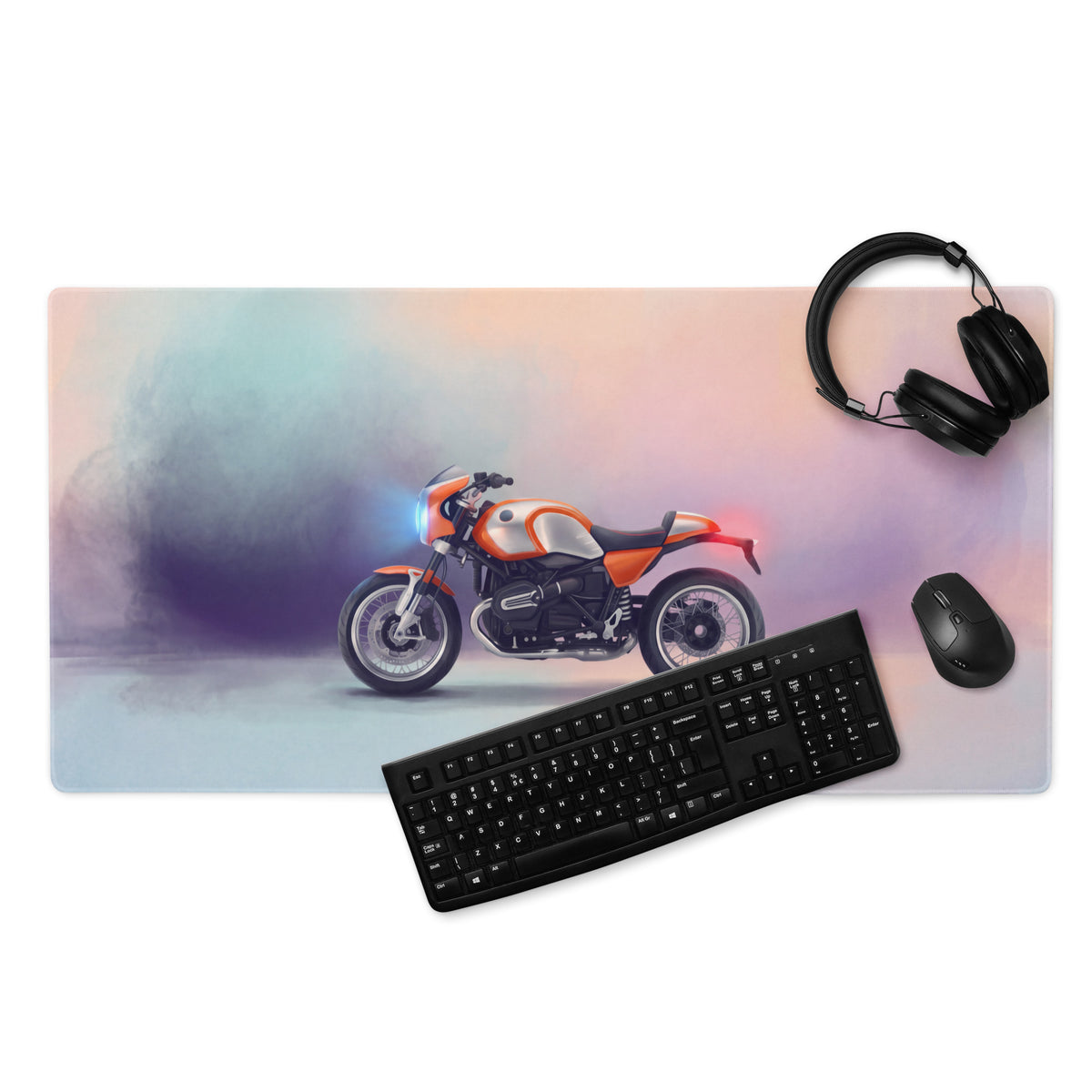 Bmw r ninet inspired large mouse pad with orange and white motorcycle graphic smooth stitched edges rubber base