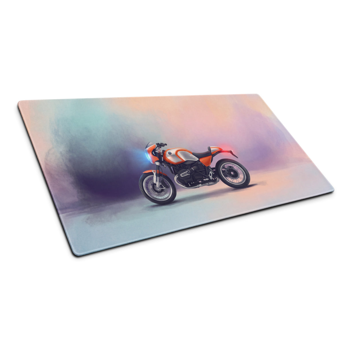 Rectangular cutting board with vibrant orange and white BMW R NineT motorcycle illustration and smooth stitched edges