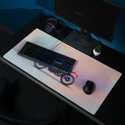 White large mouse pad featuring a detailed bmw r ninet inspired motorcycle graphic with smooth stitched edges