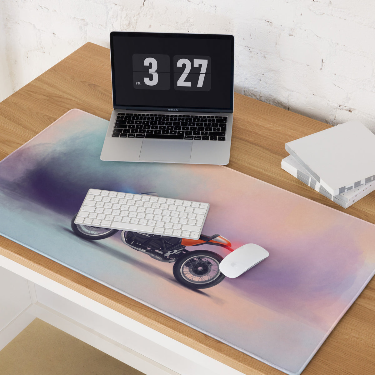Bmw r nineT inspired large mouse pad with orange and black motorcycle illustration and smooth stitched edges