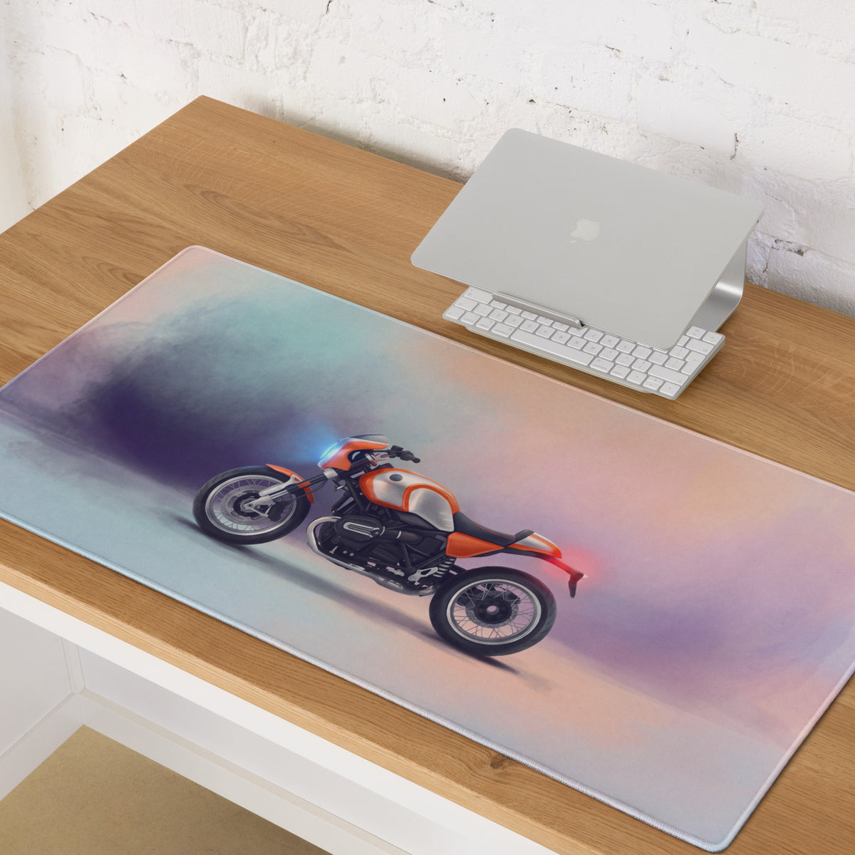 Bmw r ninet inspired large translucent mouse pad featuring an orange and black motorcycle graphic with smooth stitched edges