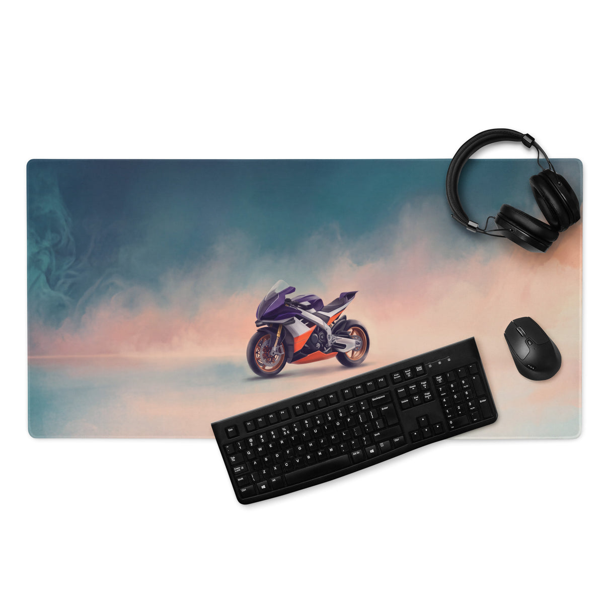 A sleek rectangular aprilia rsv4 xtrenta inspired gaming mouse pad with a vibrant purple and orange sport motorcycle graphic