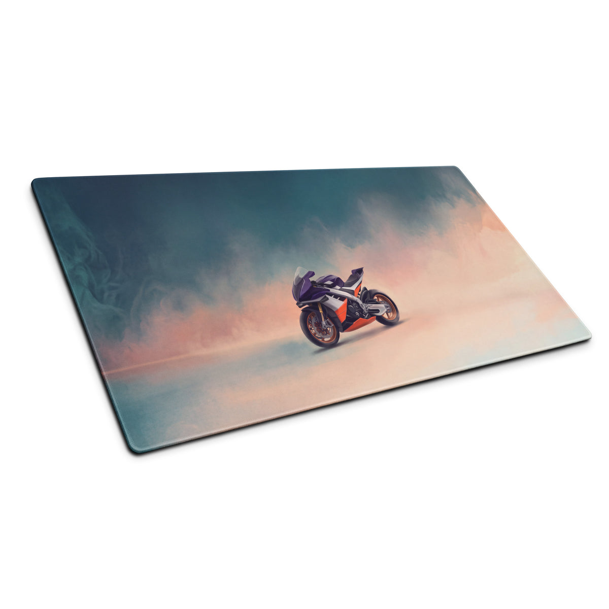 A sleek rectangular cutting board with a purple and orange motorcycle graphic inspired by aprilia rsv4 xtrenta speeding through misty skies