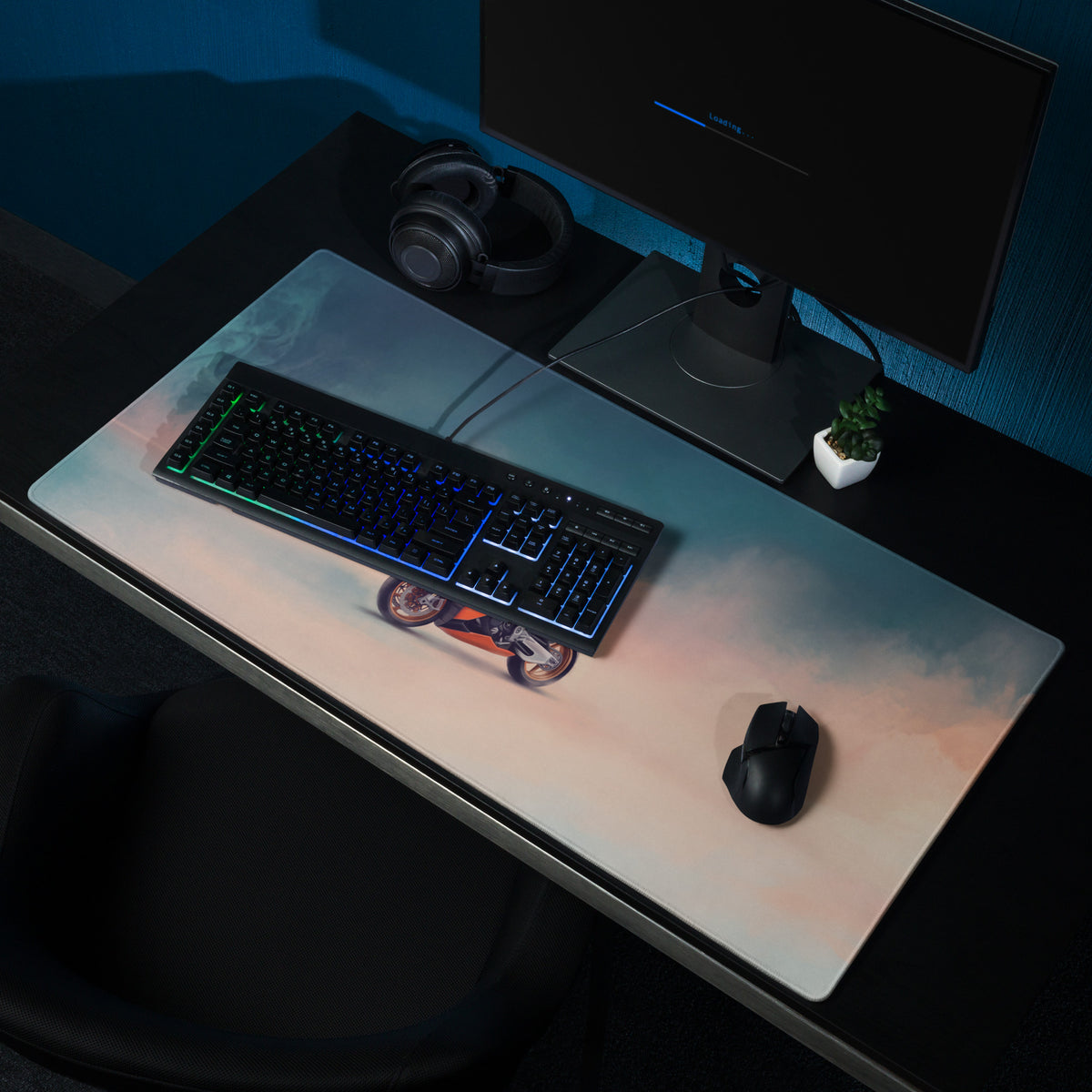 A sleek rectangular aprilia RSV4 xtrenta inspired gaming mouse pad with orange motorcycle and gradient sky design