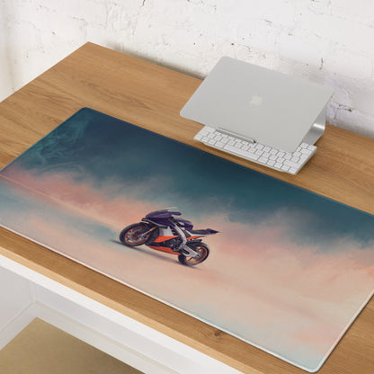 Aprilia RSV4 Xtrenta inspired large glossy mouse pad with vibrant orange and black motorcycle and stitched edges