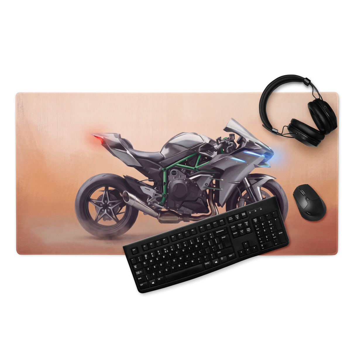 Kawasaki Ninja H2 Inspired Extended Desk Mat, Supercharged Hyperbike Office Decor, Stitched Edges