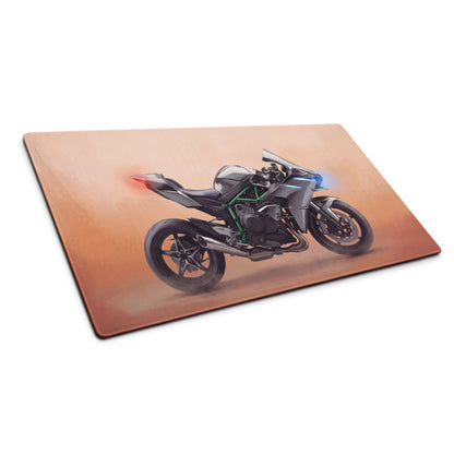 Kawasaki Ninja H2 Inspired Extended Desk Mat, Supercharged Hyperbike Office Decor, Stitched Edges