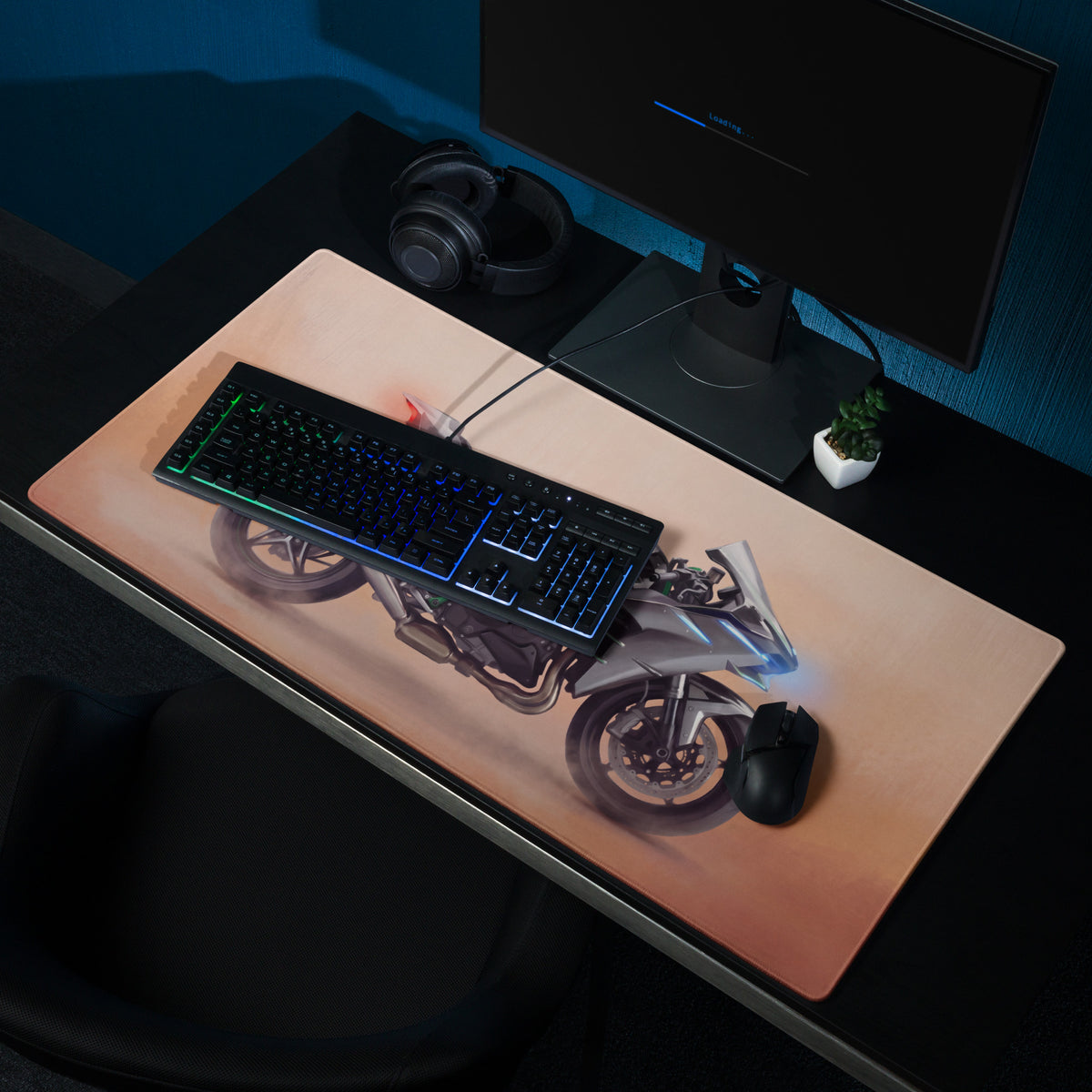 Kawasaki Ninja H2 Inspired Extended Desk Mat, Supercharged Hyperbike Office Decor, Stitched Edges