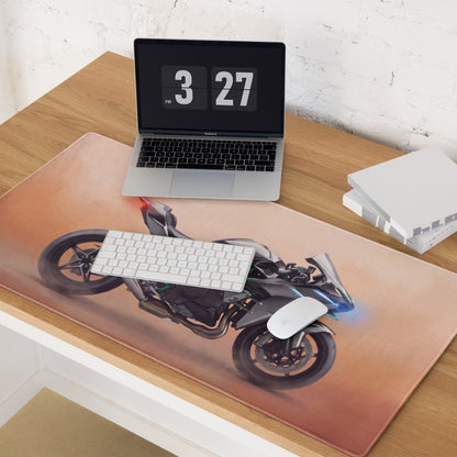 Kawasaki Ninja H2 Inspired Extended Desk Mat, Supercharged Hyperbike Office Decor, Stitched Edges