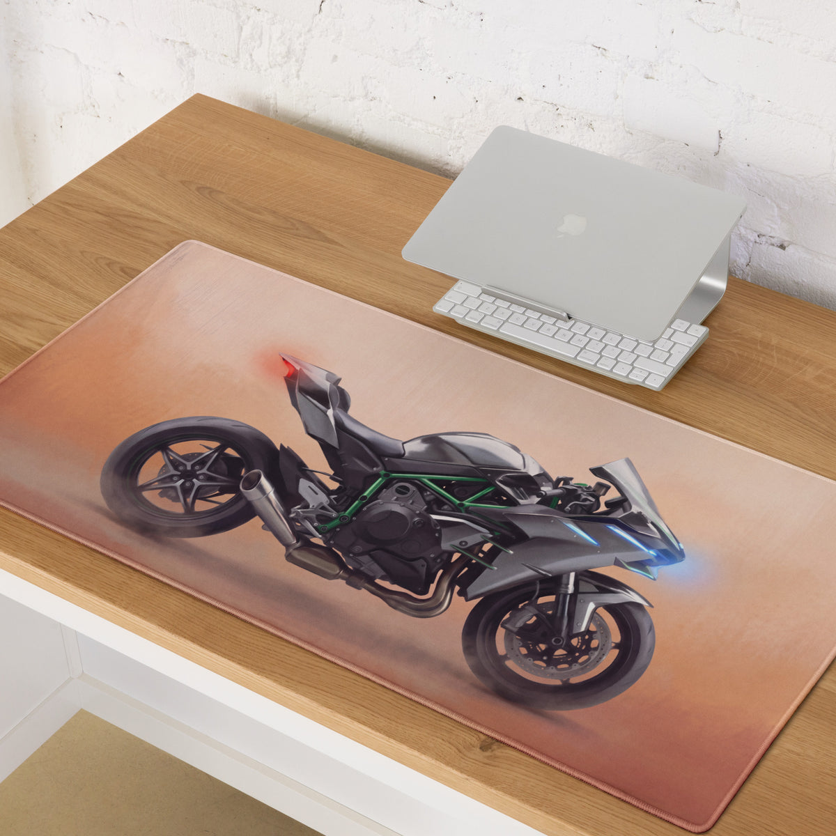 Kawasaki Ninja H2 Inspired Extended Desk Mat, Supercharged Hyperbike Office Decor, Stitched Edges