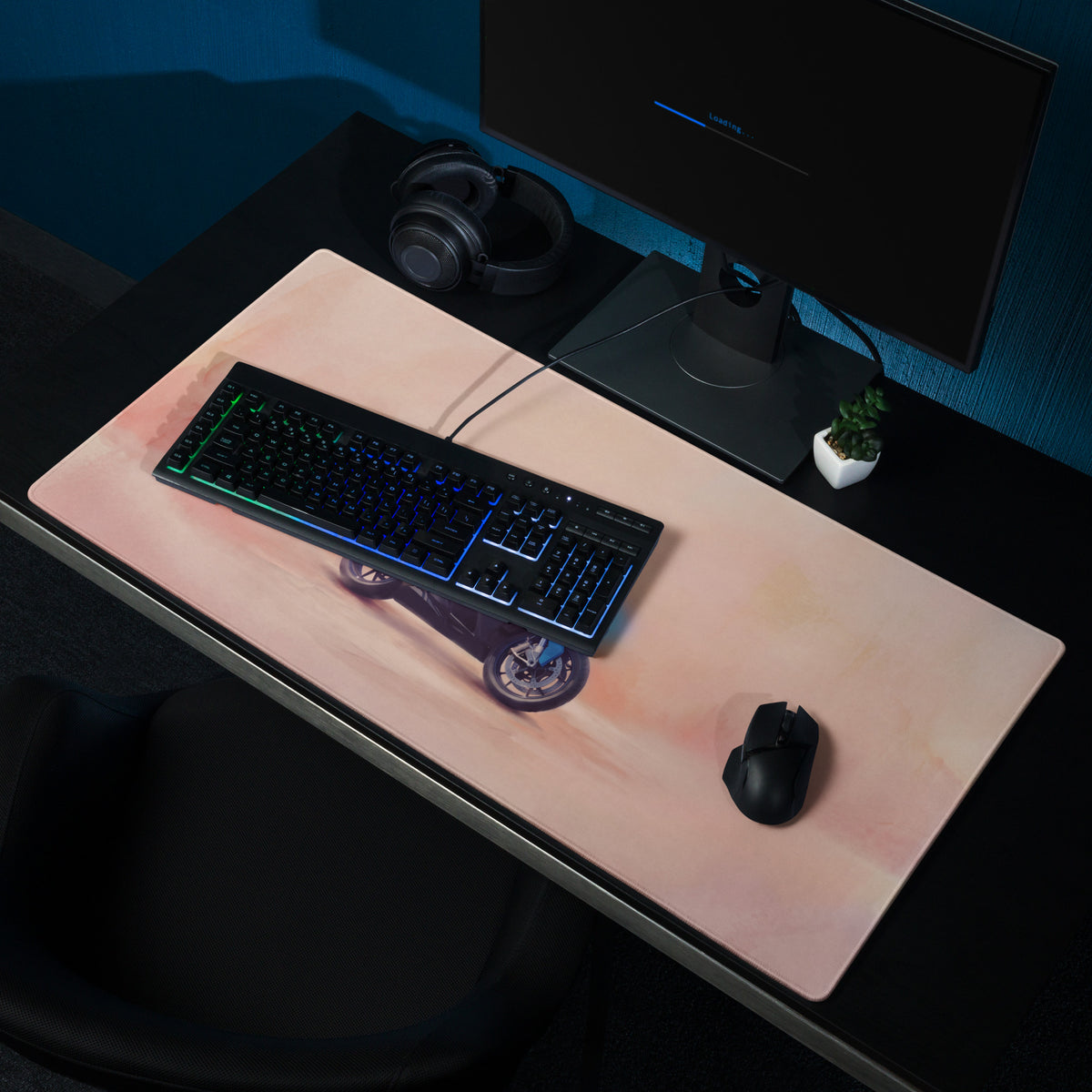 A sleek peach-colored waterproof large gaming mouse pad with a glowing blue green BMW S1000RR motorcycle graphic