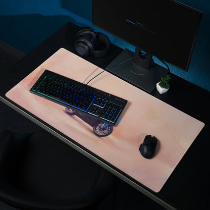 A sleek peach-colored waterproof large gaming mouse pad with a glowing blue green BMW S1000RR motorcycle graphic