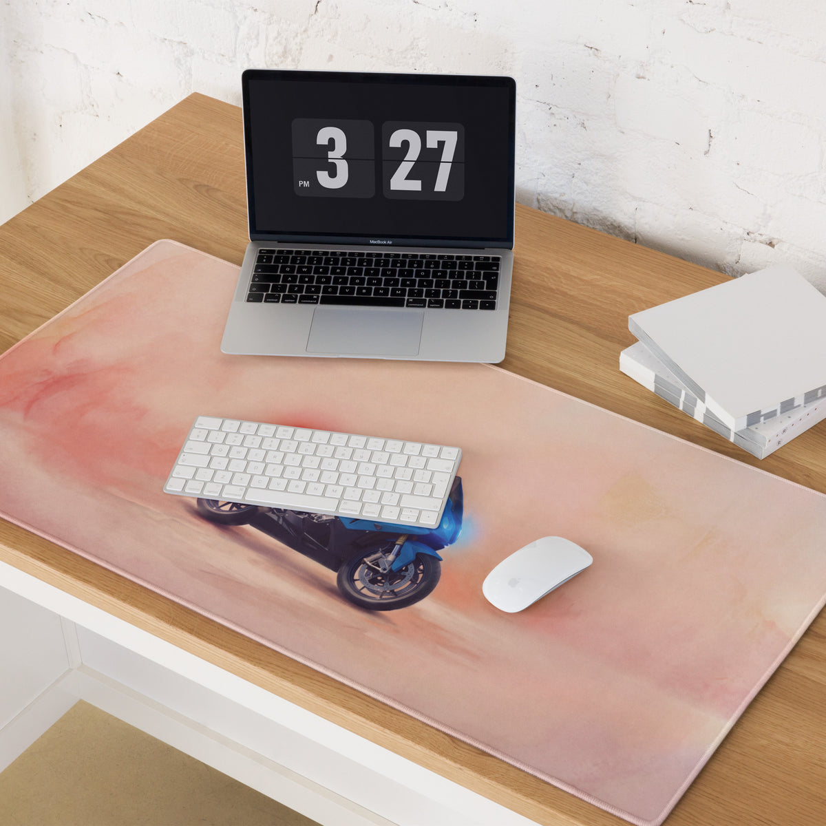 Pink watercolor style bmw s1000rr inspired large waterproof mouse pad with blue motorbike graphic and white keyboard