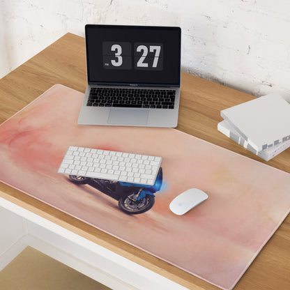 Pink watercolor style bmw s1000rr inspired large waterproof mouse pad with blue motorbike graphic and white keyboard