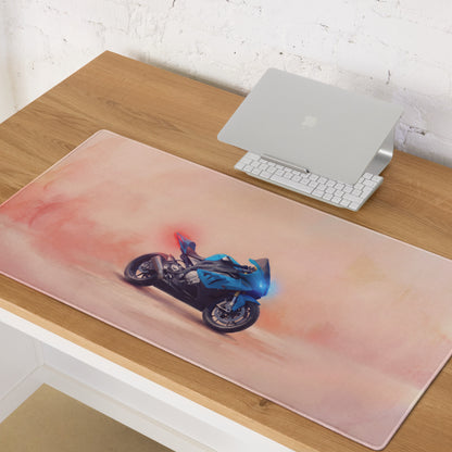 Blue motorcycle graphic on a pinkish-orange gradient waterproof mousepad inspired by BMW S1000RR racing design