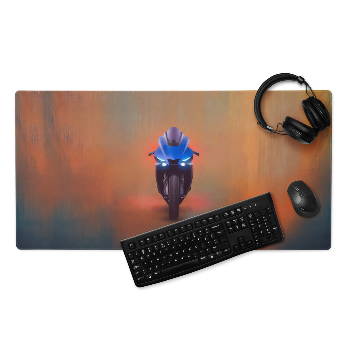 Blue Yamaha YZF-R1 inspired large gaming mousepad with motorcycle headlights and gradient orange to blue background