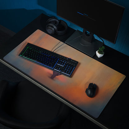 A sleek rectangular yamaha yzf-r1 inspired large gaming mousepad with a warm orange to cool blue gradient surface