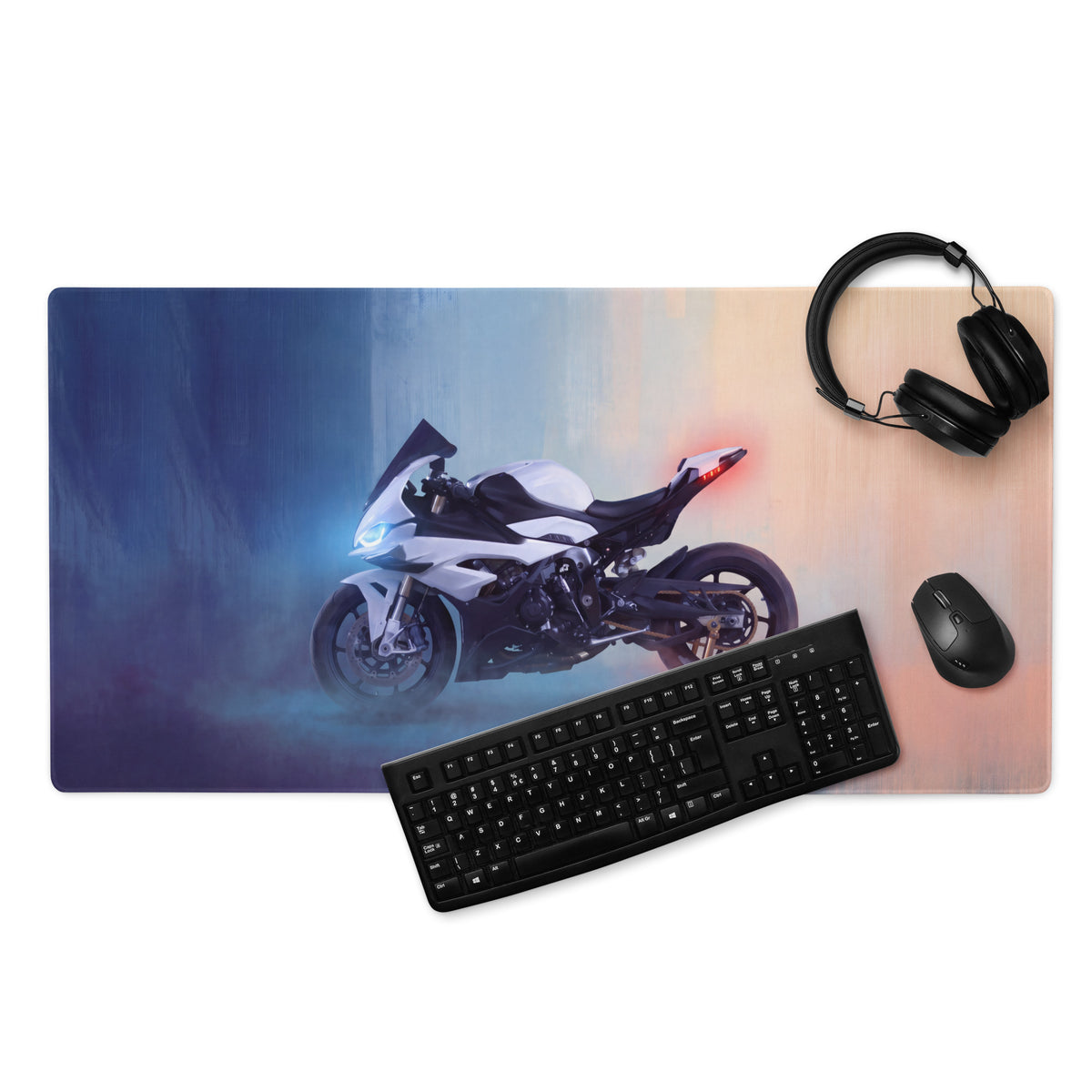 Bmw s1000rr inspired premium gaming mousepad with sleek white and black superbike graphic and glowing blue headlights