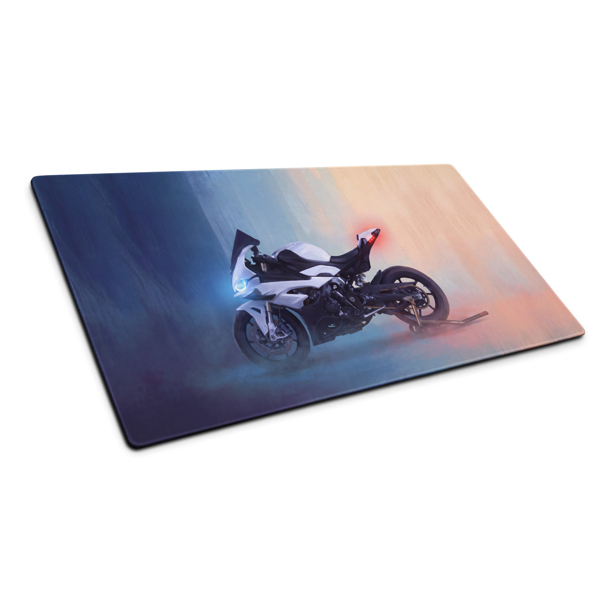 Rectangular gaming mousepad featuring a white and black BMW S1000RR superbike illustration on a gradient background