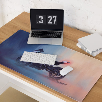 Blue and pink gradient BMW S1000RR inspired premium gaming mousepad featuring a black motorbike in motion design