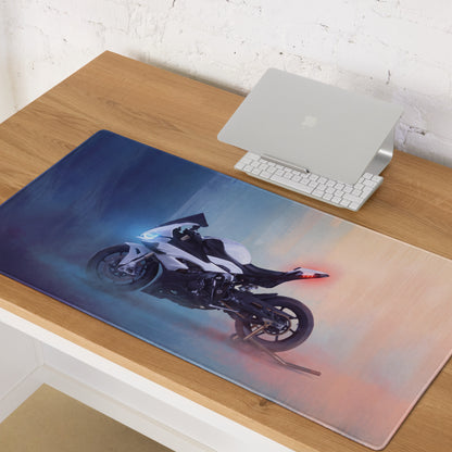 Bmw s1000rr inspired premium gaming mousepad with a white and black sport motorcycle print on a sleek rectangular mat