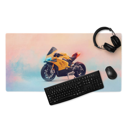 Yellow and black motorcycle graphic printed on a rectangular ducati panigale inspired large gaming desk mat mousepad