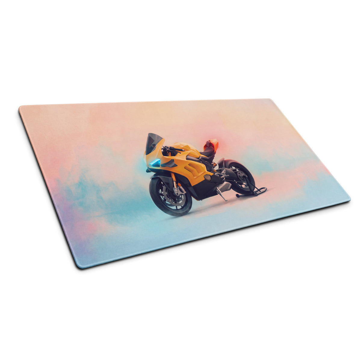 A rectangular gaming desk mat featuring a vibrant yellow and black Ducati Panigale inspired sport motorcycle design
