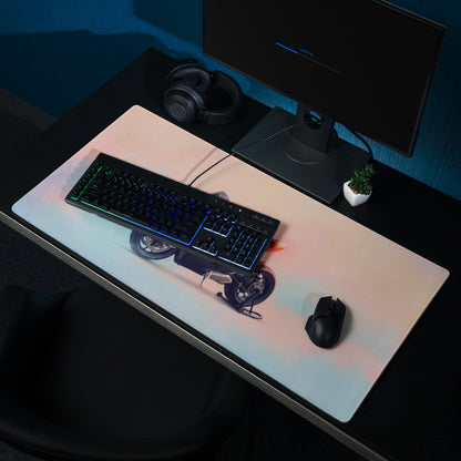 White rectangular gaming desk mat with ducati panigale inspired black and gray motorcycle graphic and orange accents