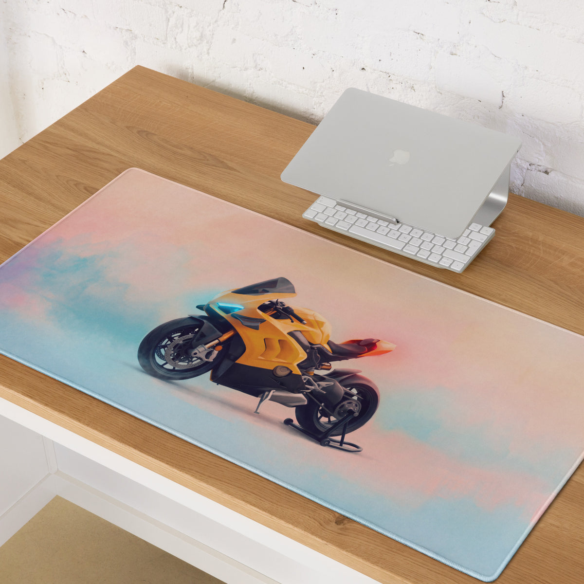Duciati panigale inspired large gaming desk mat with vibrant yellow and black motorcycle graphic on soft-touch mousepad