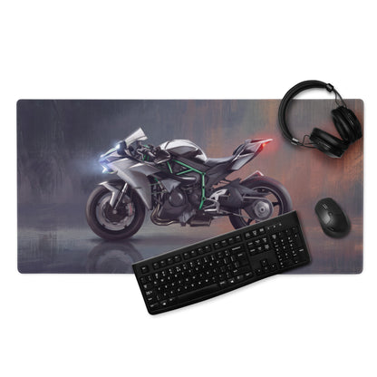 Kawasaki Ninja H2 Inspired Oversized Gaming Desk Pad, Silver and Black Hyperbike Office Mousepad