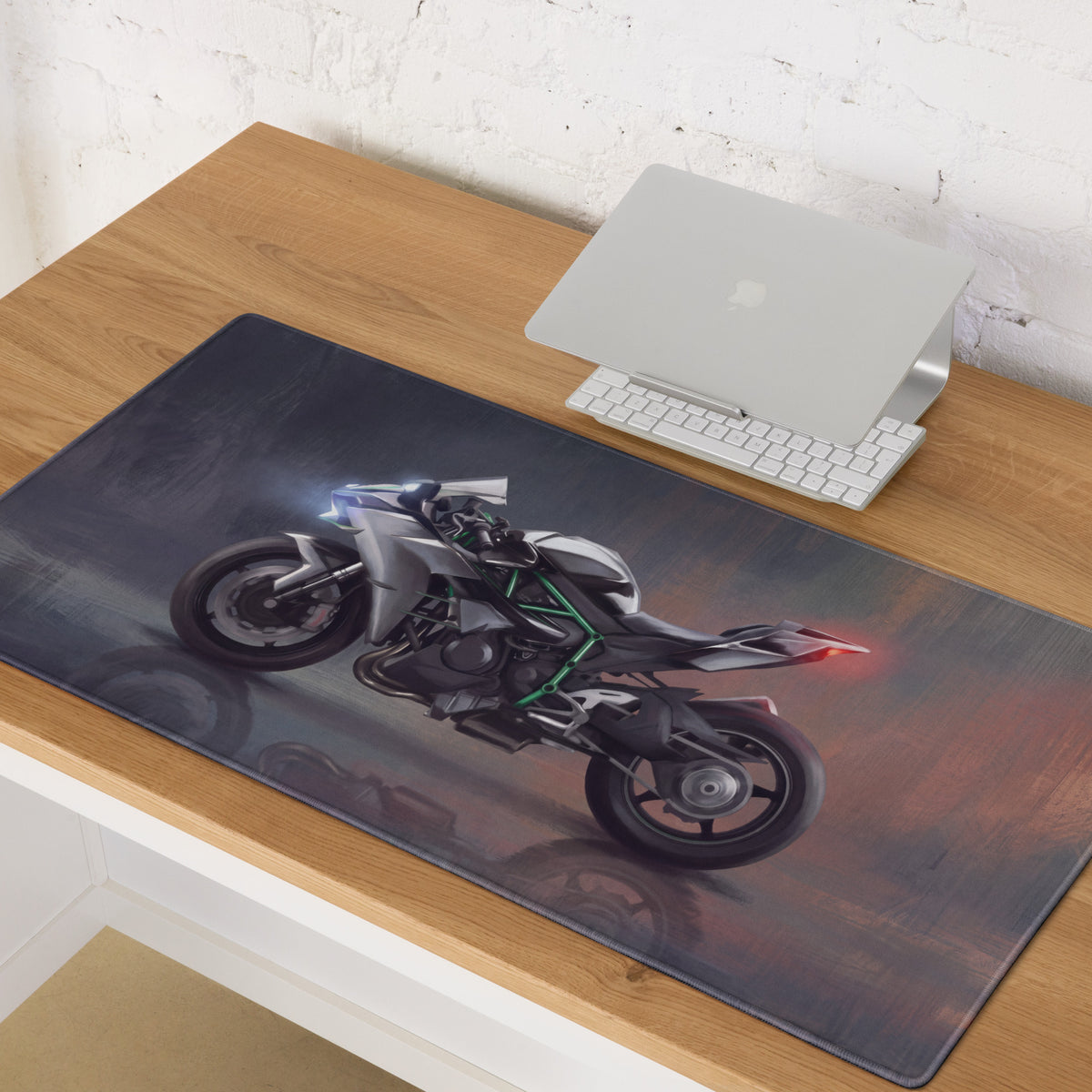 Kawasaki Ninja H2 Inspired Oversized Gaming Desk Pad, Silver and Black Hyperbike Office Mousepad