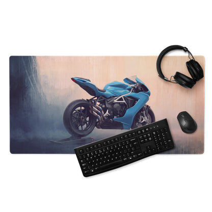 MV Agusta F3 Inspired Extended Gaming Desk Mat, Blue Triple-Exhaust Superbike Mousepad