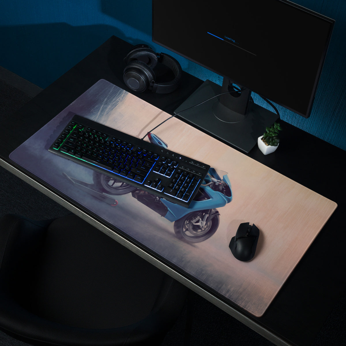 MV Agusta F3 Inspired Extended Gaming Desk Mat, Blue Triple-Exhaust Superbike Mousepad