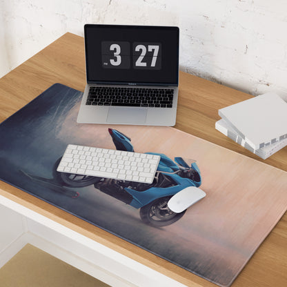 MV Agusta F3 Inspired Extended Gaming Desk Mat, Blue Triple-Exhaust Superbike Mousepad