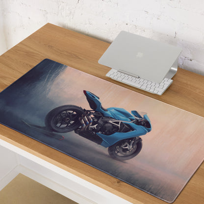 MV Agusta F3 Inspired Extended Gaming Desk Mat, Blue Triple-Exhaust Superbike Mousepad