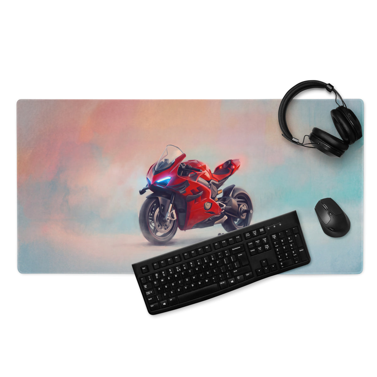 Ducati superleggera v4 inspired premium red gaming desk pad with ducati motorcycle graphic and black keyboard and mouse nearby