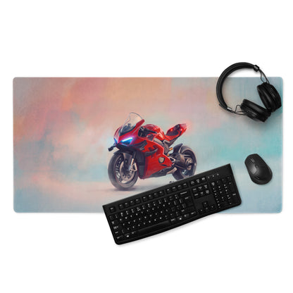 Ducati superleggera v4 inspired premium red gaming desk pad with ducati motorcycle graphic and black keyboard and mouse nearby