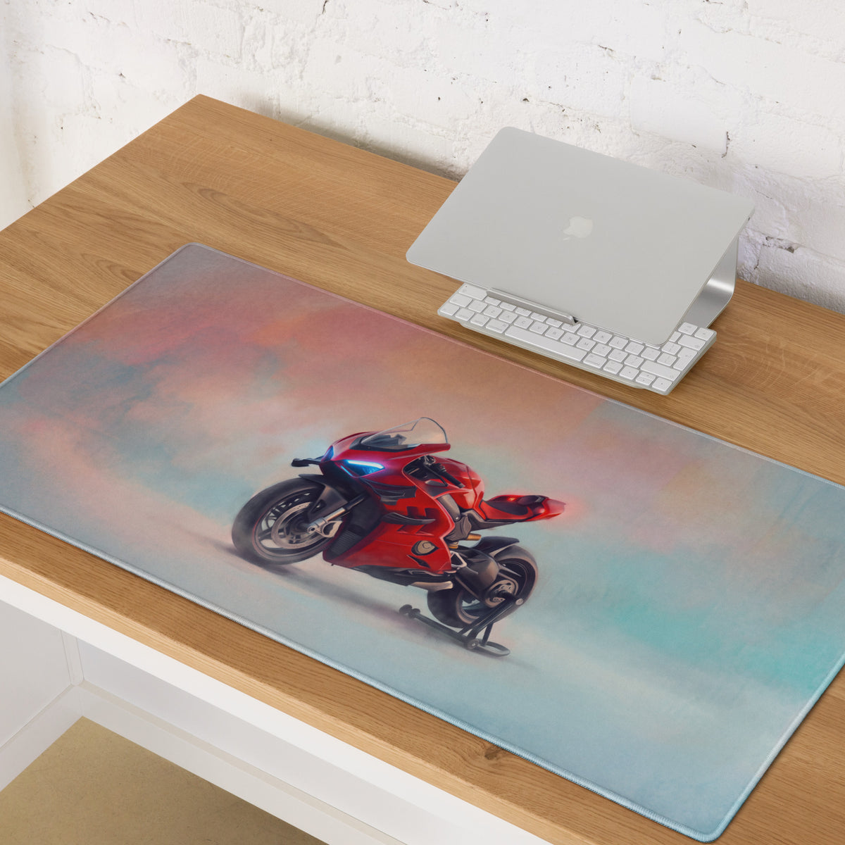 Red and black motorcycle graphic printed on clear rectangular mousepad ducati superleggera v4 inspired gaming desk pad