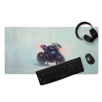 Custom cafe racer premium gaming mousepad with sleek black motorcycle graphic on light blue mat featuring glowing lights