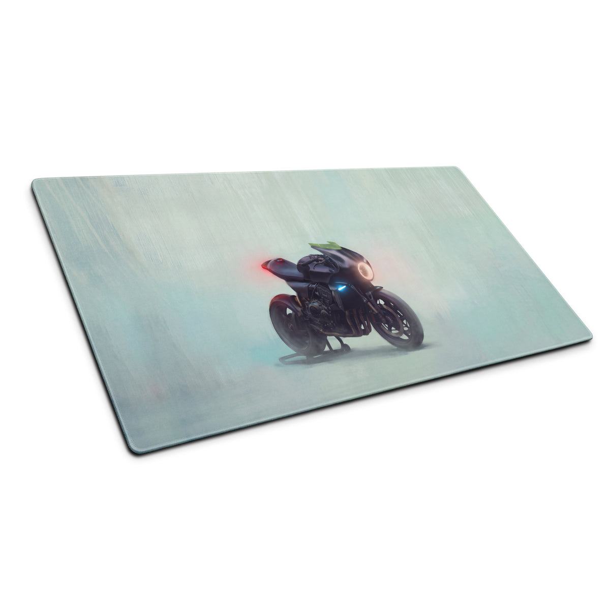 Rectangular custom cafe racer premium gaming mousepad with sleek black motorcycle and glowing red and blue lights on teal background