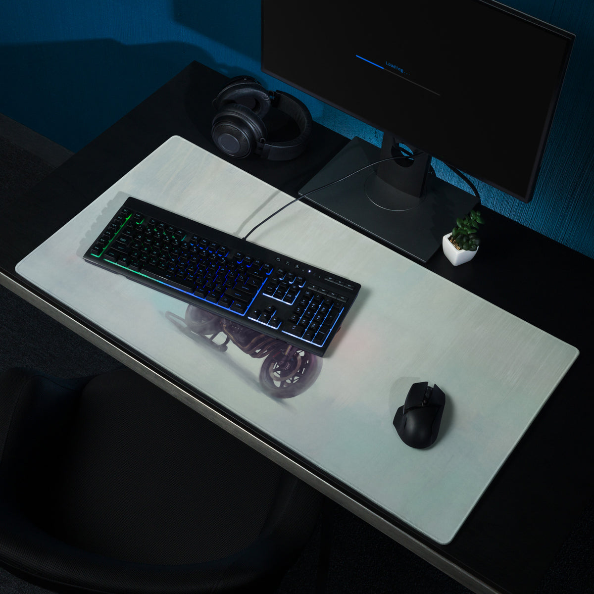 White custom cafe racer premium gaming mousepad with translucent motorcycle design for modern retro desk setup