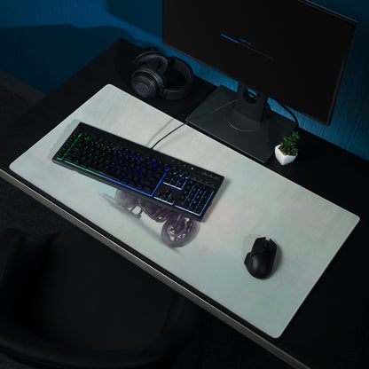 White custom cafe racer premium gaming mousepad with translucent motorcycle design for modern retro desk setup