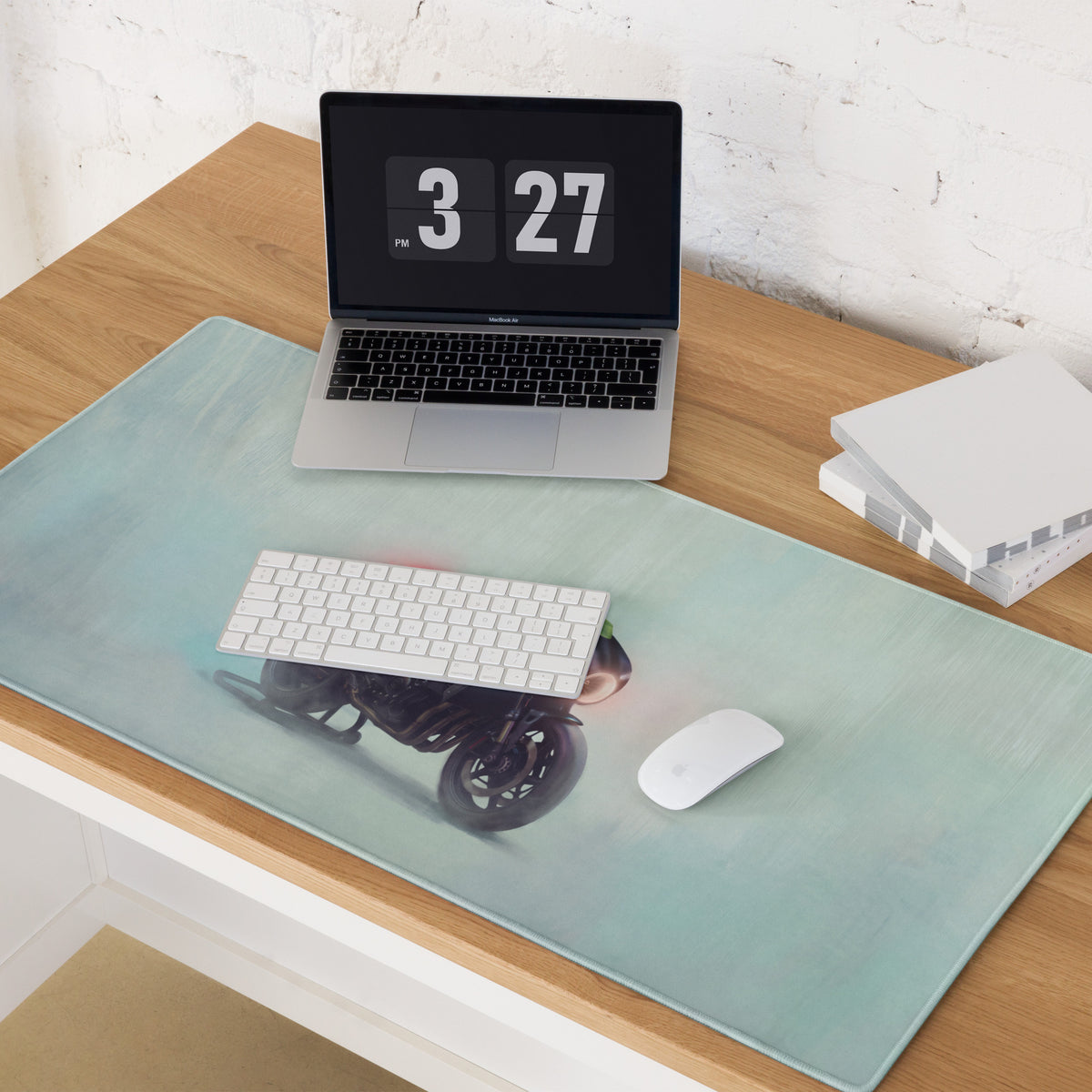 Light blue custom cafe racer premium gaming mousepad with printed rider on black bike for modern retro desk setup