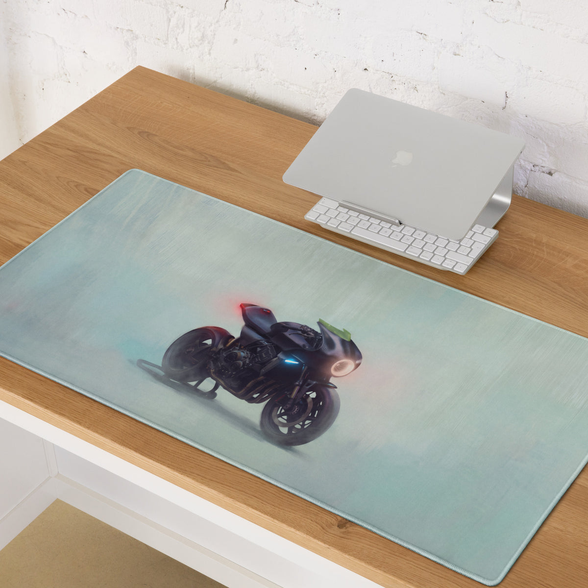 Custom cafe racer premium gaming mousepad with sleek black futuristic motorcycle and glowing blue red lights on teal background
