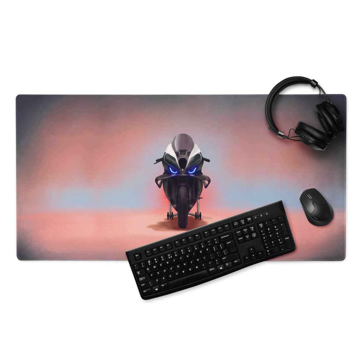 Bwm m1000rr inspired large gaming mousepad with black and white motorcycle design and glowing blue eyes on pink blue background