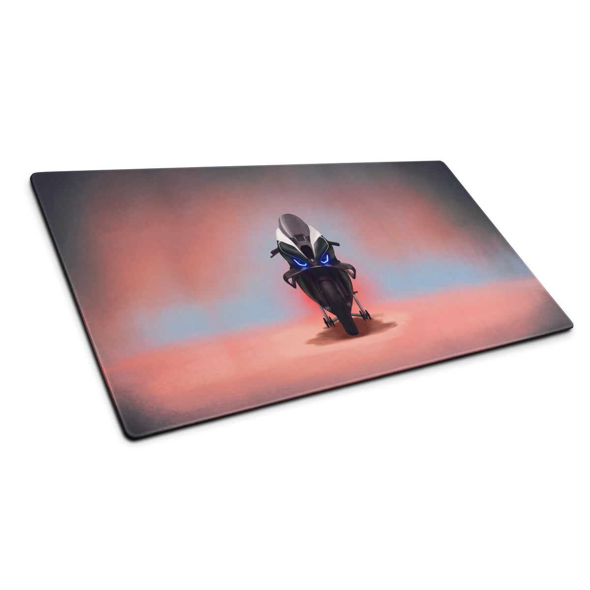 Rectangular gaming mousepad with a stylized black and silver bmw m1000rr motorcycle and glowing blue headlights on a colorful background